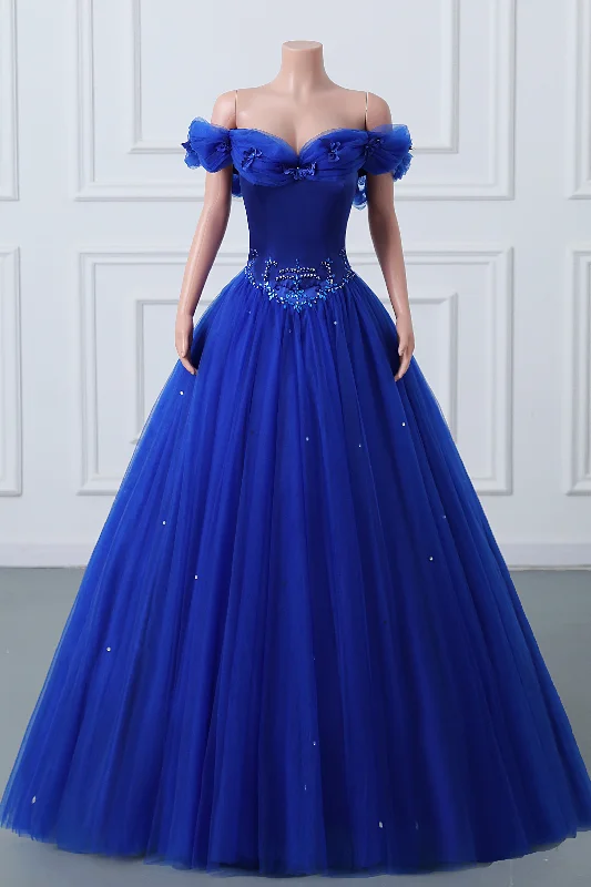 Limited Time Offer Royal Blue Off-the-shoulder Sweetheart Beaded Flowers Ball Gown Tulle Prom Dresses