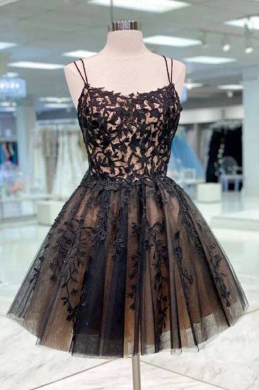 Major Savings Black A Line Spaghetti Straps Homecoming Dress With Appliques