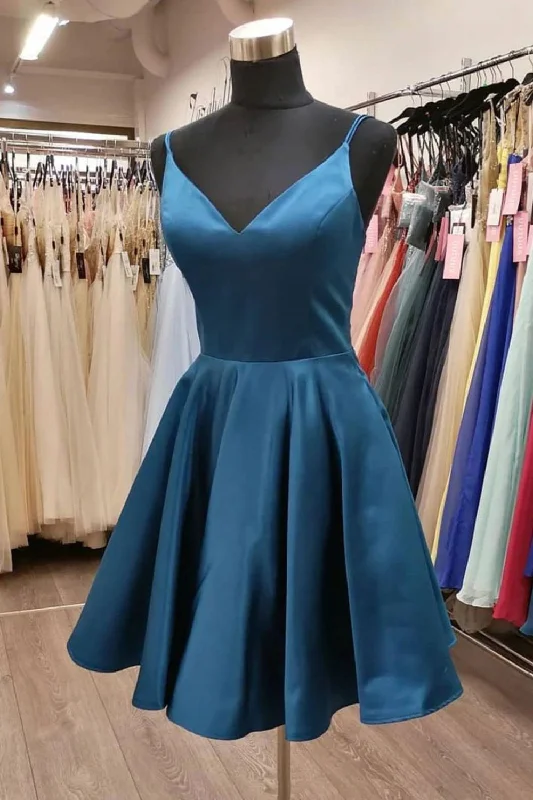 Exclusive Deal Blue A-line V-neck Spaghetti Straps Homecoming Dress