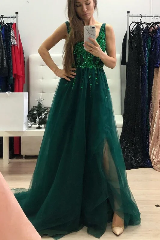 Loyalty Reward Luxurious V-Neck Dark Green Tulle Long Prom Dresses with Side Slit