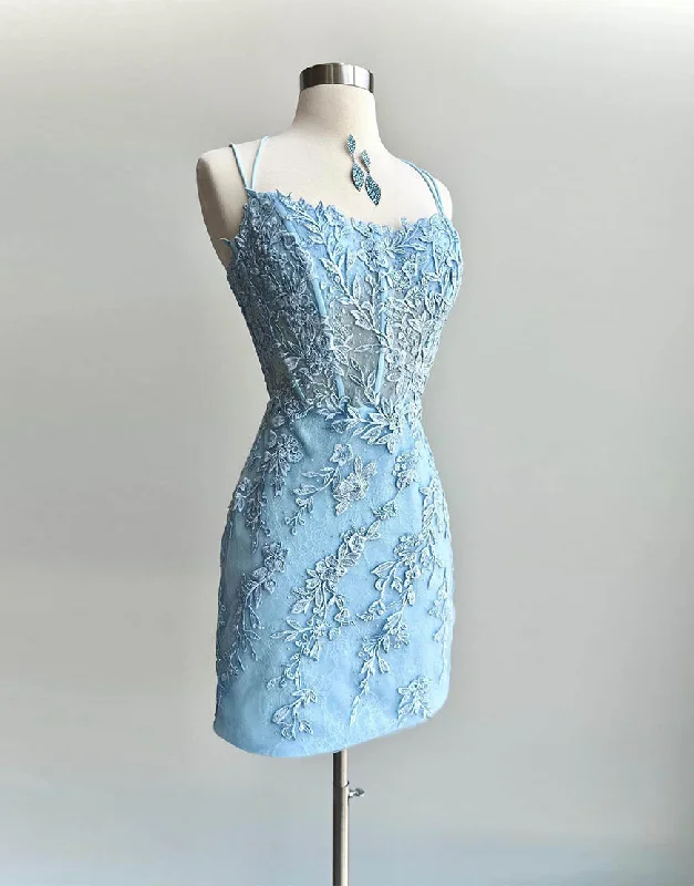 Special Savings Pretty Blue Spaghetti Straps Short Tight Homecoming Dress With Appliques