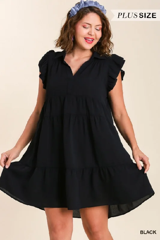 Big Discounts Black Tiered Mini Dress with Ruffle Sleeves in Plus Size by Umgee Clothing