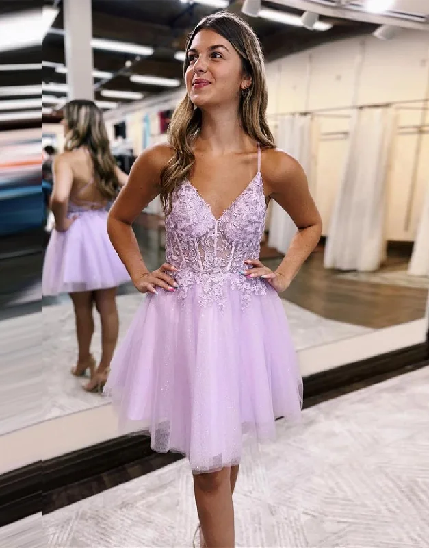 Referral Discount Cute Lilac A-Line Lace Up Tulle Homecoming Dress With Appliques