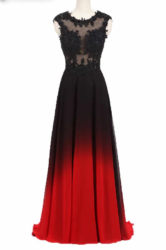 Lowest Price Red and Black Sleeveless Lace Appliqued Ombre Prom Dress