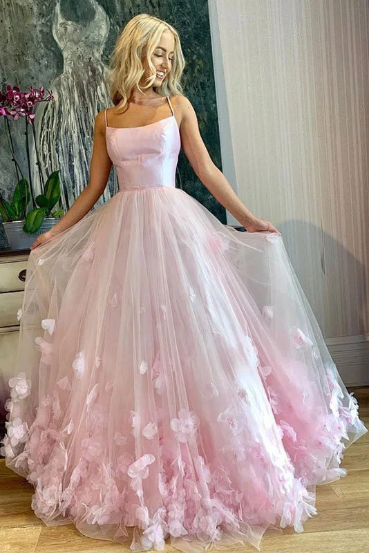 Deep Discounts Sweet Spaghetti Straps Flower Pink Tulle Prom Dresses