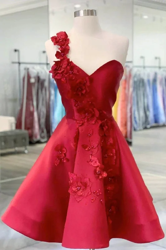 Mega Deal Red A-line One Shoulder Homecoming Dress With Beading