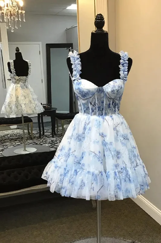 Lowest Prices Blue Floral Printed Spaghetti Straps A-Line Short Corset Homecoming Dress
