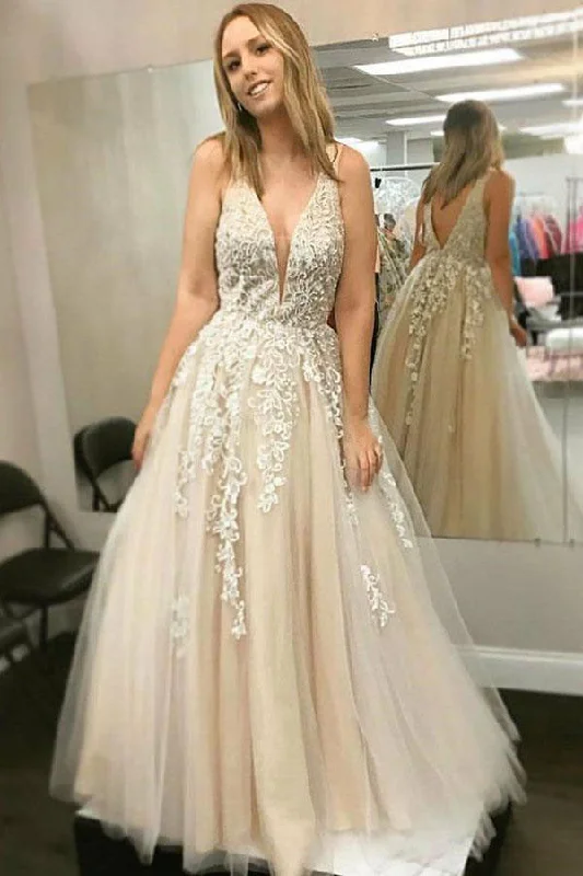 Special Discount Floor Length V-Neck Sleeveless Party Dresses with Lace Appliques Long Prom Dresses N1589