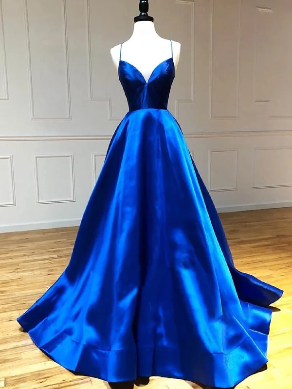 Steals and Deals Royal Blue Satin A Line V Neck Long Prom Dress