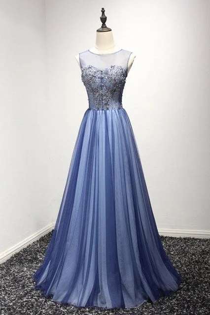 Special Price New Arrival A Line Sheer Neck Prom Dresses with Rhinestones Long Tulle Party Dresses N1750