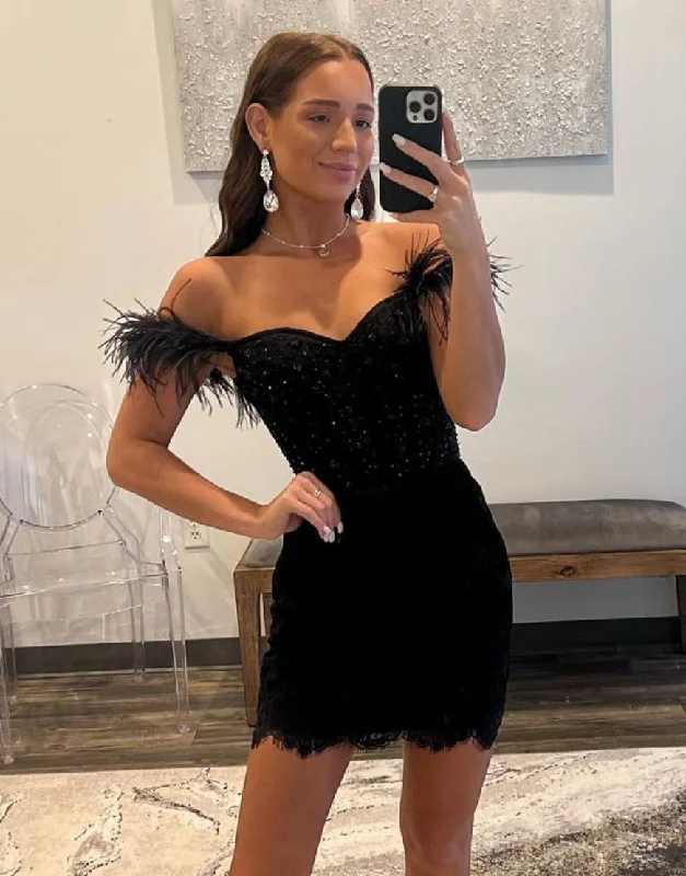 Weekend Flash Sale Black Off The Shoulder Glitter Homecoming Dress With Feather