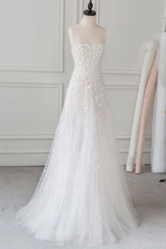 Final Sale White Spaghetti Straps Lace Tulle Evening Dresses Floor Length Prom Dresses with Beads N2105