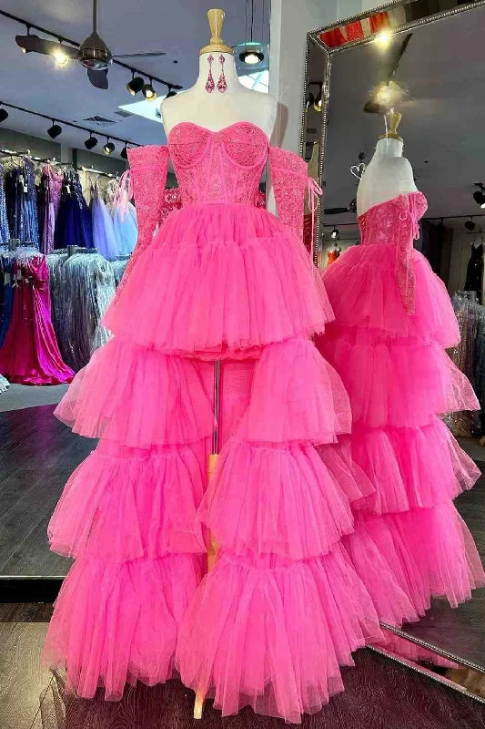 Price Blitz Hot Pink Off-Shoulder A-line Tulle Layers Applique Hi-Low Prom Dress