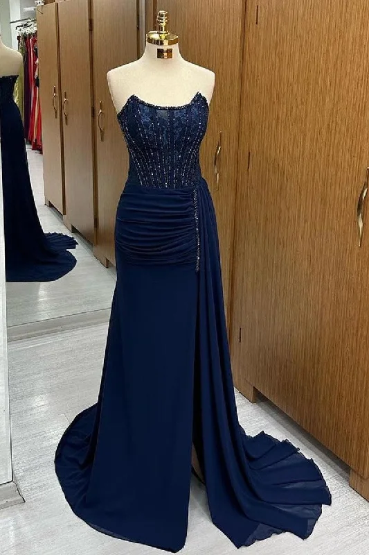 Price Cut Navy Lace Beaded Strapless Long Formal Dress with Attached Train