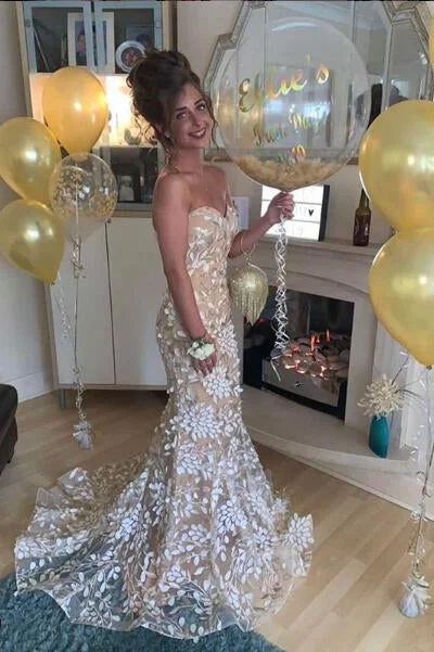Exclusive Access Mermaid Sexy Sweetheart Lace Champagne Prom Dresses N1896