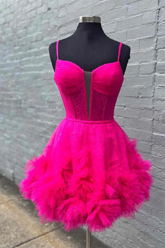Don't Wait Glitter Straps Hot Pink Ruffle A-Line Homecoming Dress