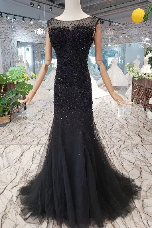 Super Sale Black Mermaid Tulle Prom Dresses with Sequins Sparkly Sleeveless Evening Dresses N1645