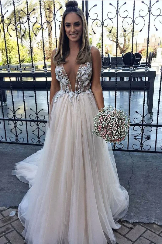 Crazy Deals Sexy Deep V-Neck Tulle Prom Dresses Applique Sleeveless Long Graduation Dresses N1502