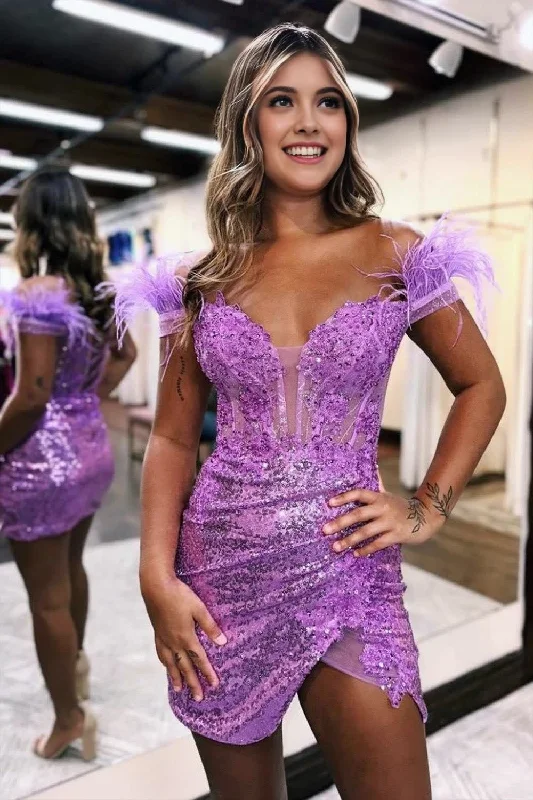 Act Now Sequin Off The Shoulder Lace Up-Corset Short Homecoming Dress With Feather