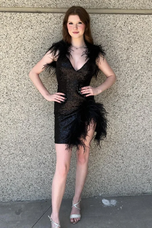 Reduced Prices Sexy Black V-Neck Short Glitter Homecoming Dress With Feather
