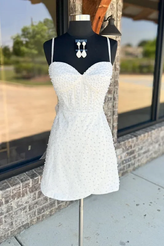 Fantastic Deals White Bodycon Spaghetti Straps Short Homecoming Dress With Pearls