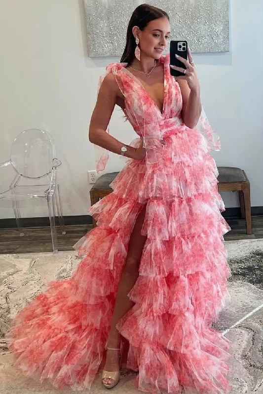 Reduced Prices V-Neck Tie Straps Red Floral Print Layered Long Prom Dress