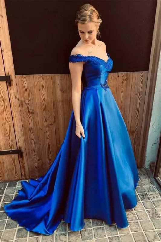 Today Only Royal Blue Off the Shoulder Satin Prom Dress with Lace Appliques N1608