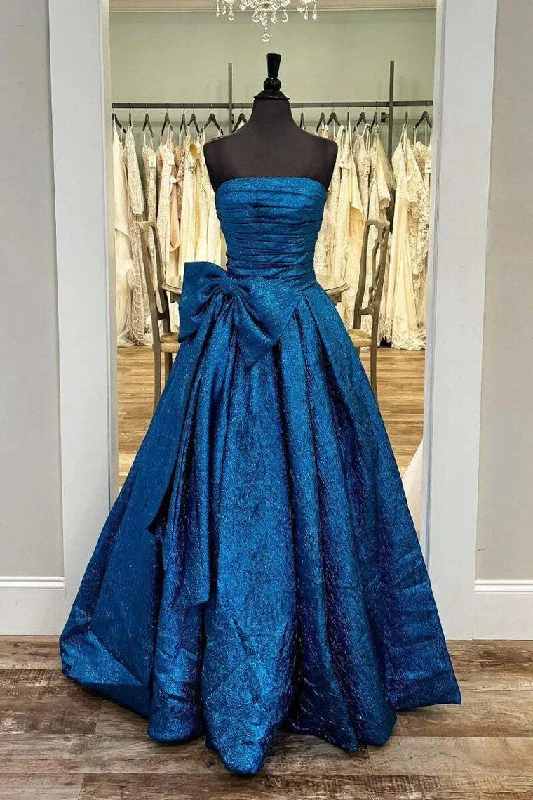 Stock Clearance Royal Blue Strapless A-Line Long Prom Dress With Bow