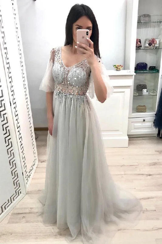 Super Sale A Line V-Neck Tulle Prom Gown with Half Sleeves Long Party Dresses with Beading N1709