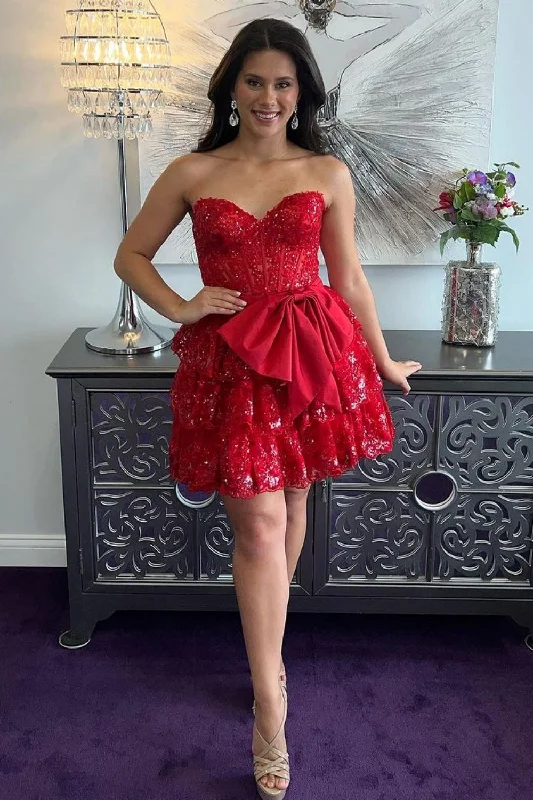 Price Drop Alert Sparkly Red A-Line Sweetheart Tiered Homecoming Dress With Bowknot
