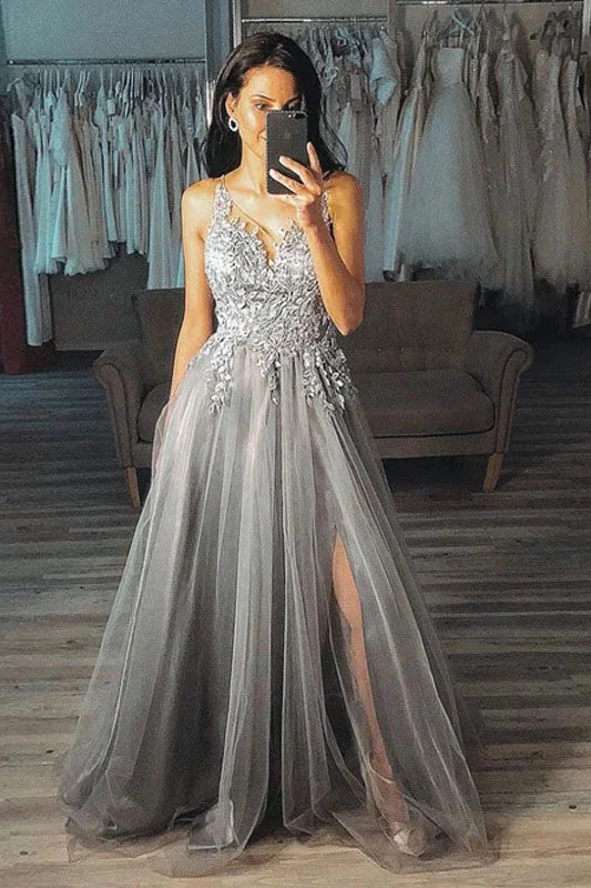 Low Prices Grey A Line V-Neck Long Appliques Tulle Prom Dresses