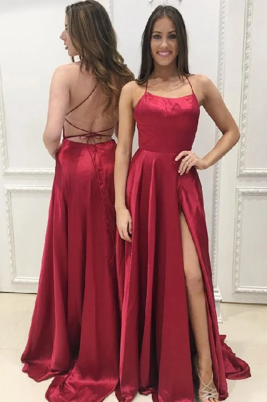 Huge Discounts Red Spaghetti Strap Split Formal Dresses Sexy Long Prom Dresses with Side Slit N1614