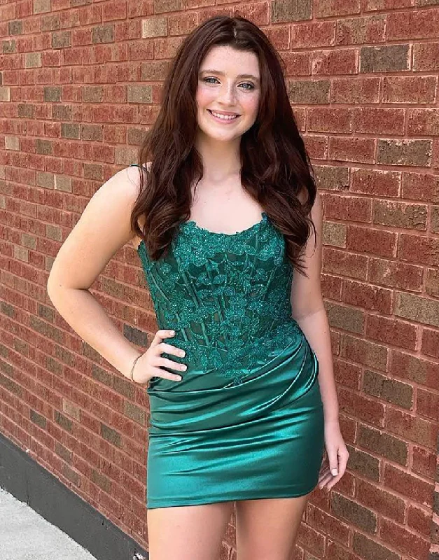Special Discount Bodycon Double Straps Satin Homecoming Dress With Appliques