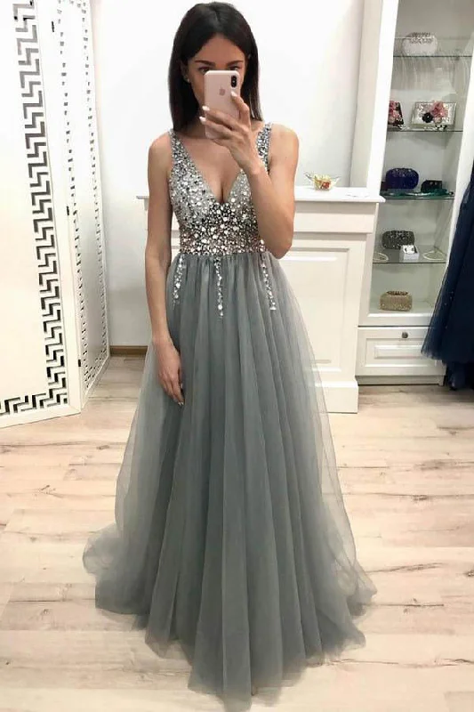 Big Discounts A Line V-Neck Beading Sleeveless Tulle Prom Dresses With Sequins N1704