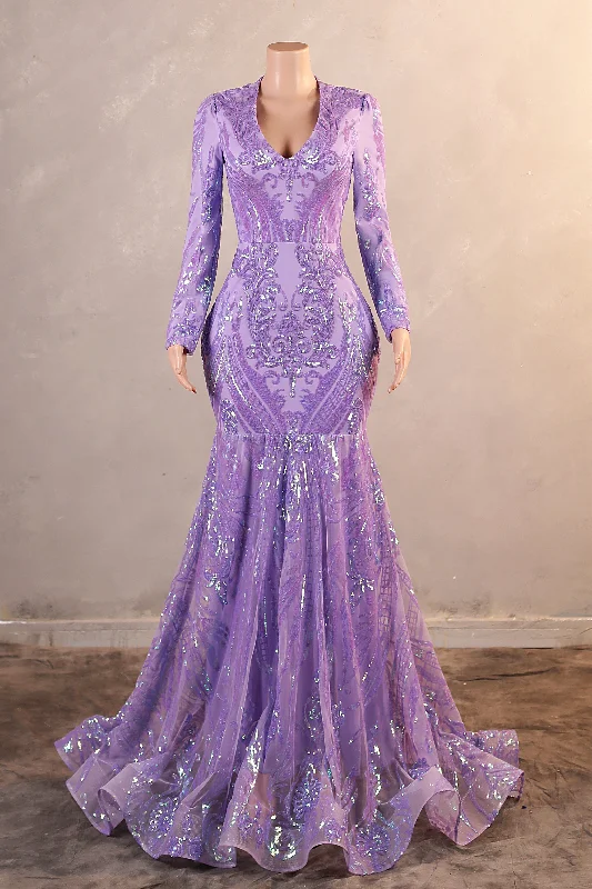 Extra Discounts V-Neck Long Sleeve Zipper Sequins Mermaid Sweep Train Evening Dress
