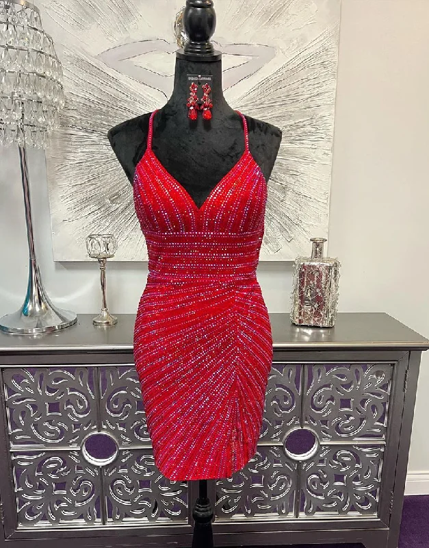 Best Bargains Elegant V-Neck Cross Back Glitter Homecoming Dress