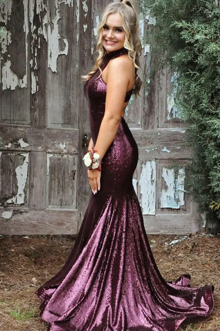 Bargain Prices Glitter Sequin High Neck Mermaid Prom Dresses Purple Evening Dresses with Train N1503