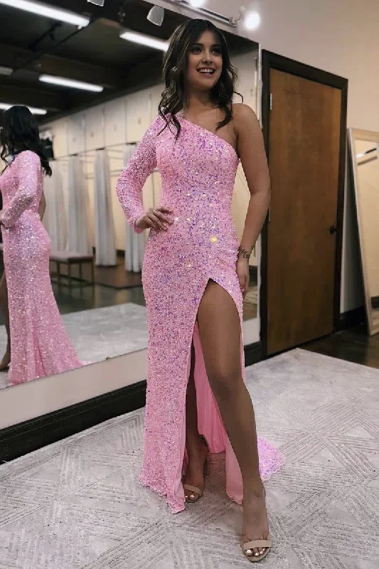 Hurry In Pink Mermaid One Shoulder Sequins Prom Dress