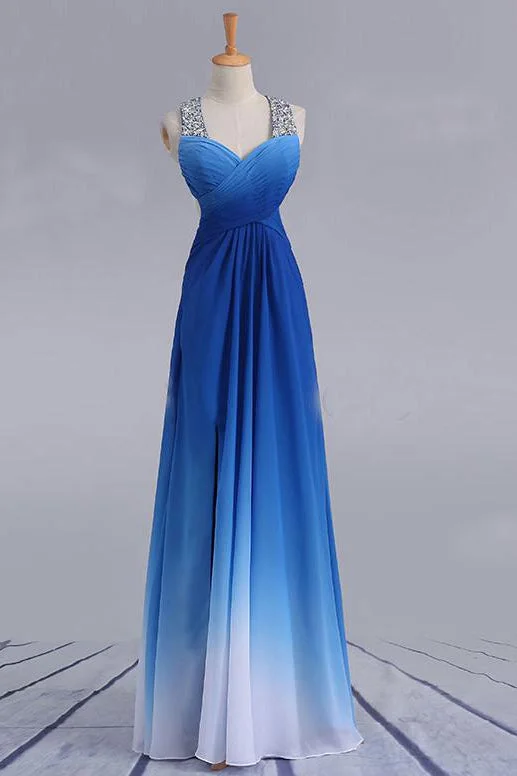 Get It Before It’s Gone Elegant Beading Straps Cross Back Gradient Blue Ombre Prom Dress N1603