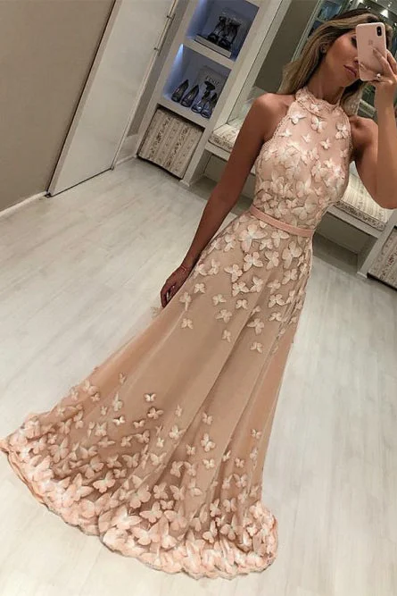 Special Savings Modest High Neck Sleeveless Sweep Train Prom Evening Dresses with Appliques N1686