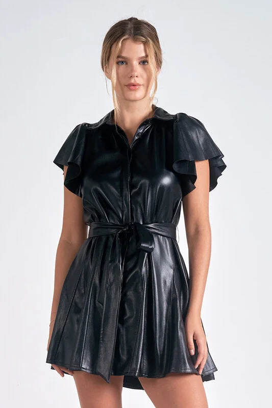 Discount Mania Faux Leather Flutter Sleeve Dress
