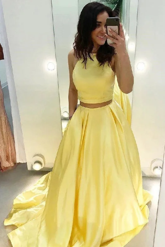 Buy Now Two Piece Yellow Satin Formal Evening Dresses Long Prom Dresses N2046