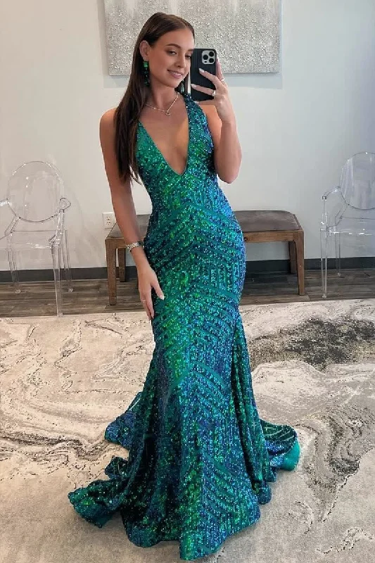 Great Bargains Deep V Neck Pink Sequins Mermaid Long Prom Dress