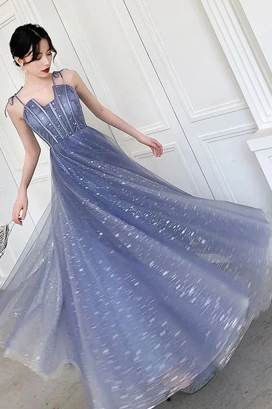 Daily Deals Unique Sparkle Straps Tulle Prom Dresses A Line Sleeveless Evening Dresses N2101