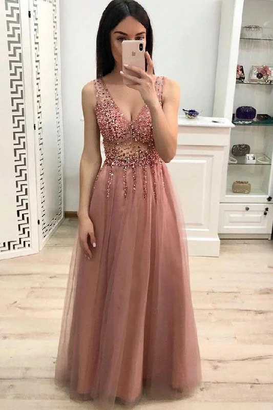 Time-Limited Offer Sparkly A Line V Neck Floor Length Prom Dresses with Beading and Sequins Long Party Dresses N1666