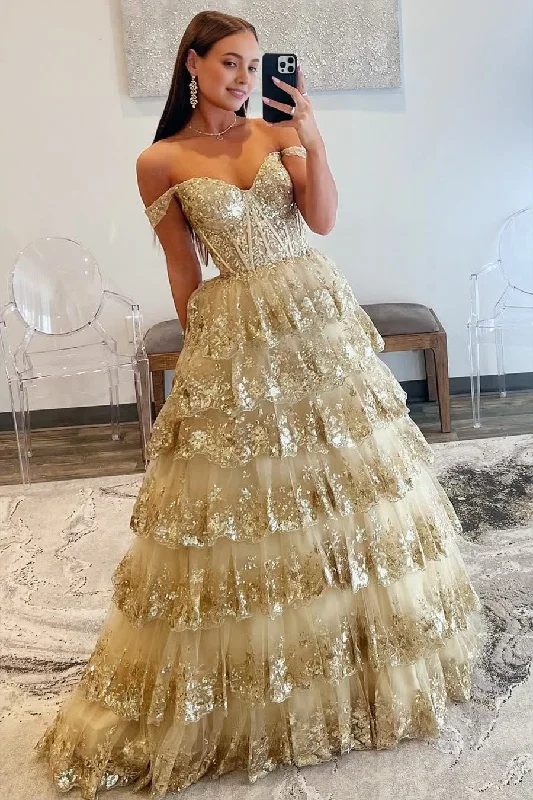 Year-End Sale Princess Off the Shoulder Sequined Lace Prom Dress