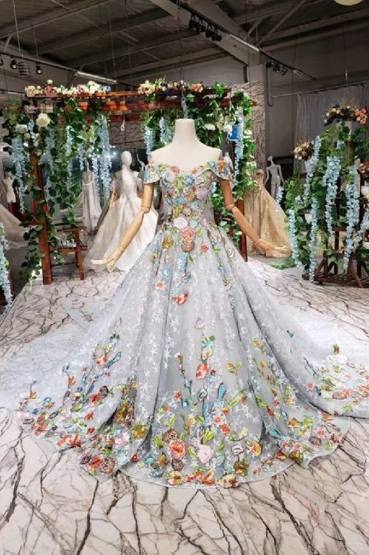 Overstock New Arrival Off the Shoulder Lace Prom Dresses with Appliques Quinceanera Dresses N1672