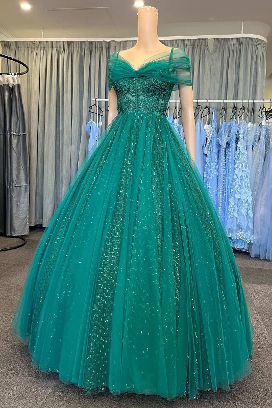Stock Up and Save Quinceanera Dress Glitter Emerald Green Tulle Cold-Shoulder Ball Gown