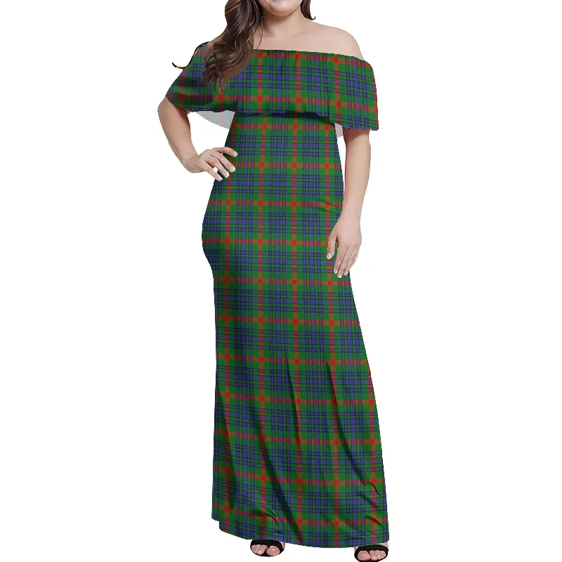 Discount Mania Aiton Tartan Off Shoulder Long Dress