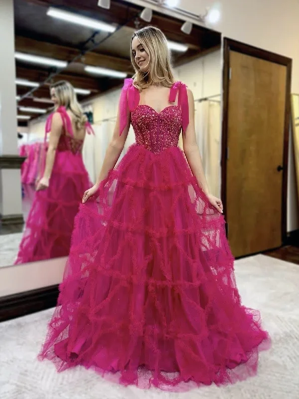 Bargain Prices Fuchsia A Line Sweetheart Tiered Tulle Long Prom Dresses